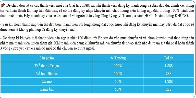 Khuyến Mãi 1 Trị giá khuyến mãi Jun88 luôn rất hậu hĩnh
